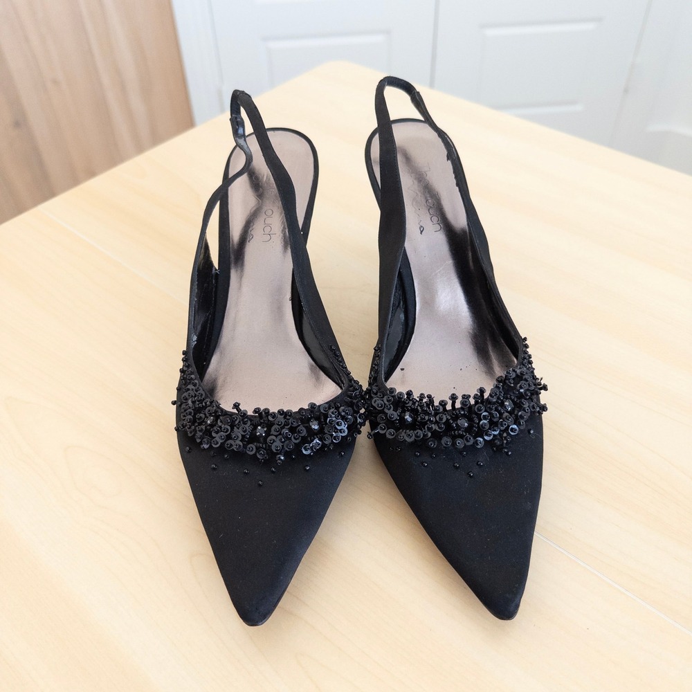 Touch of Nina Black Satin Beaded Slingback Pumps 11 Pointed Toe Y2K Kitten Heels - Picture 3 of 9